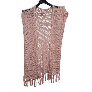 No Boundaries Coral Open Knit Fringe Cardigan Vest Womens L Boho Festival